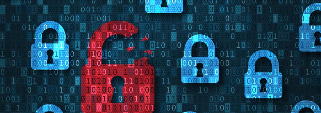 representation of cyber security padlocks with abstract background featuring binary code